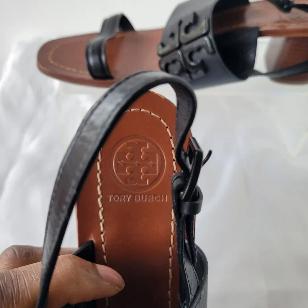 Tory Burch Lowell Women’s Slingback Black Leather Heeled Sandal (Size: 7M)